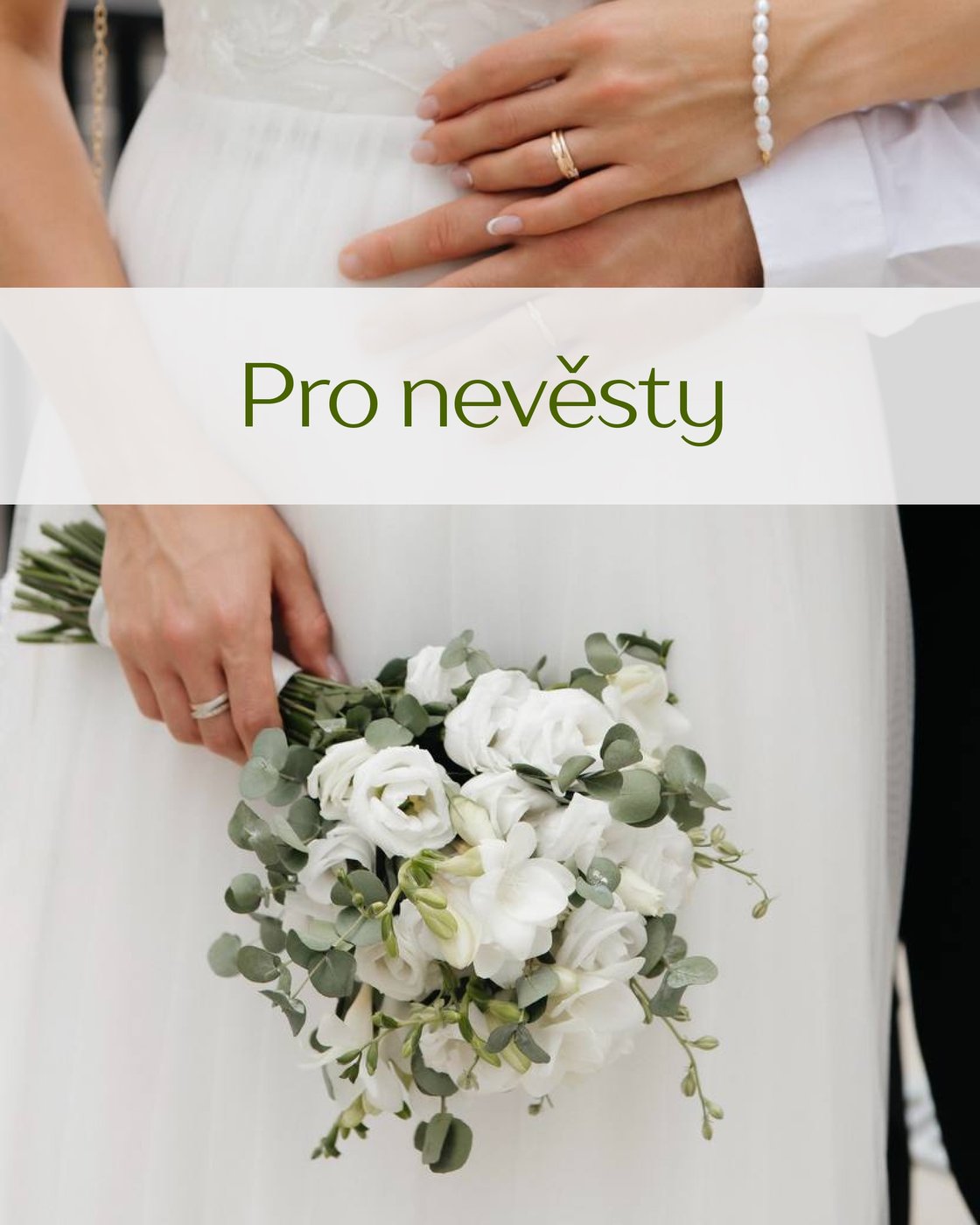 Svatební kytice z bílých eustom a eukalyptu v rukou nevěsty